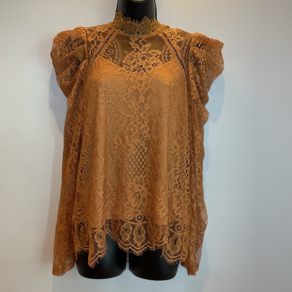 Savanna Jane Lace Boho Top High Neck Ruffle Sleeve Sheer Overlay Long Sleeve